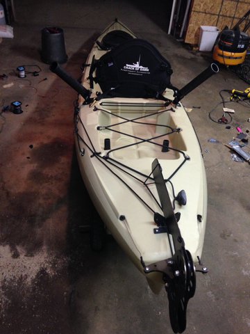 Scotty Rocket Launchers and Crack of Dawn Seat (I recommend replacing the seat clips to all brass.  the plastic ones will break easily)<br /><br />In the front of the kayak, a Ram mount transducer arm for the fish finder.