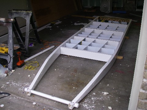 Frame and internal supports.  Supports between main cross frames are made from corrugated plastic sign material.